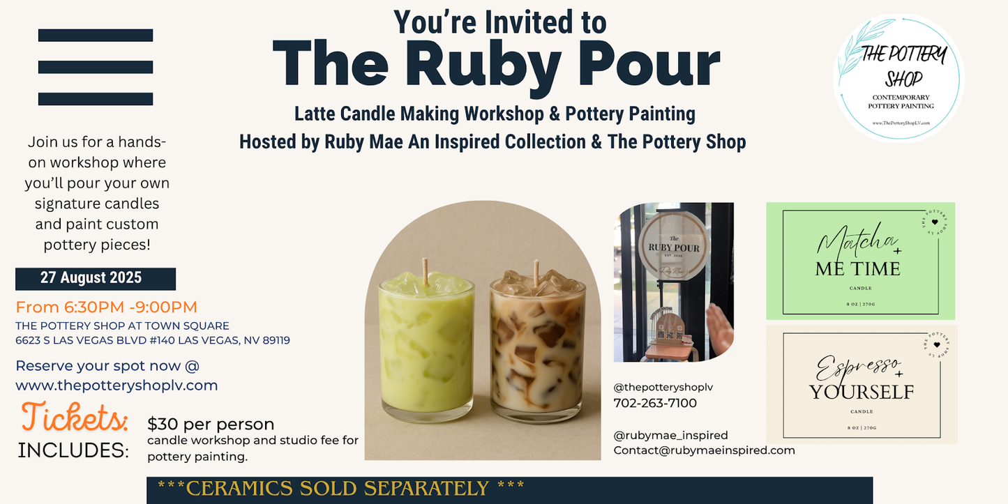 Pottery Painting and Coffee & Matcha Latte Candle Pouring (**FOR PURCHASE USE EVENTBRITE LINK ONLY**)